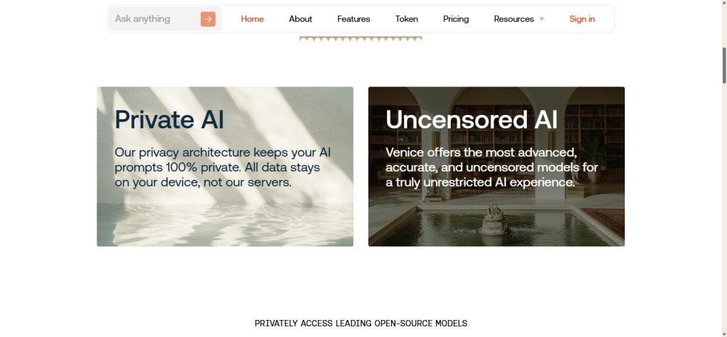 Dashboard showing Venice AI Uncensored and Privacy features