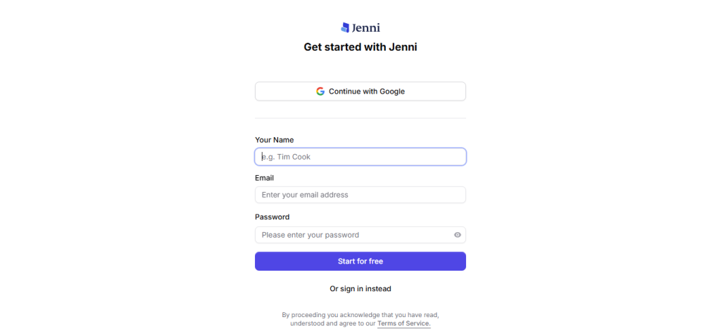Jenni AI login page