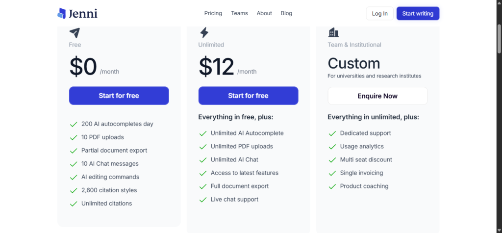 Page showing Jenni AI pricing 