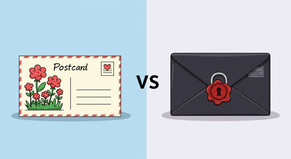 Difference between HTTP and HTTPS explained with postcard vs envelope