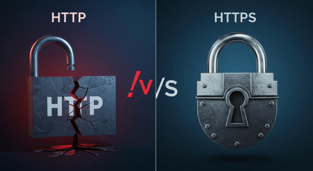 HTTP vs HTTPS difference illustration with security padlock