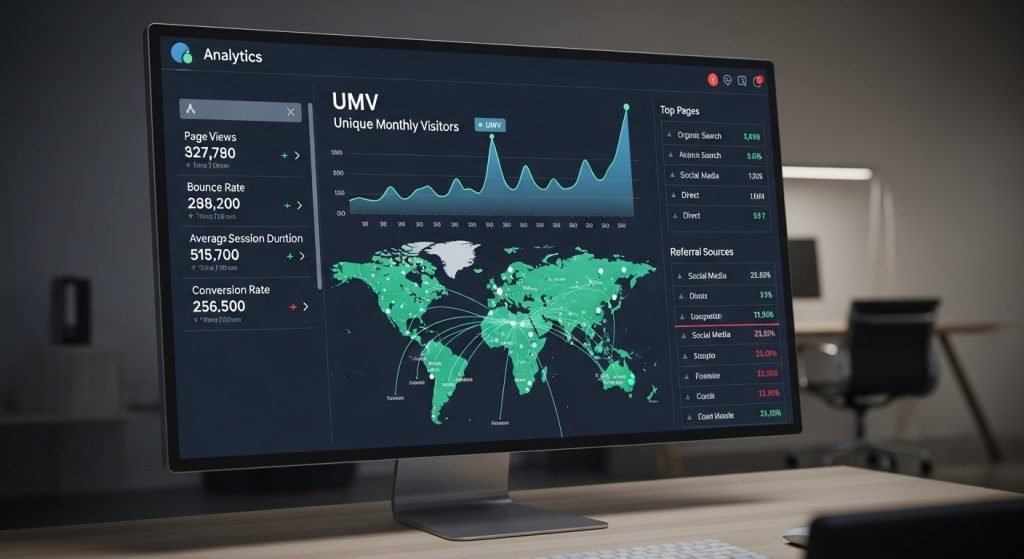 Website analytics dashboard showing UMV and website visitor tracking metrics