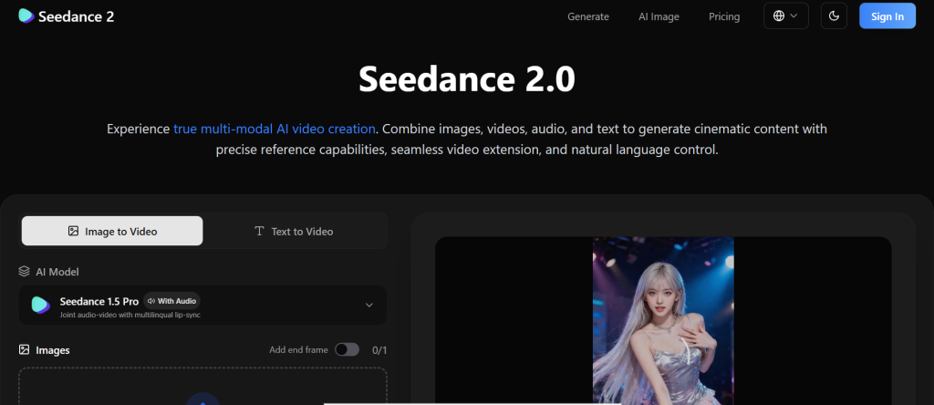 Seedance 2.0 homepage